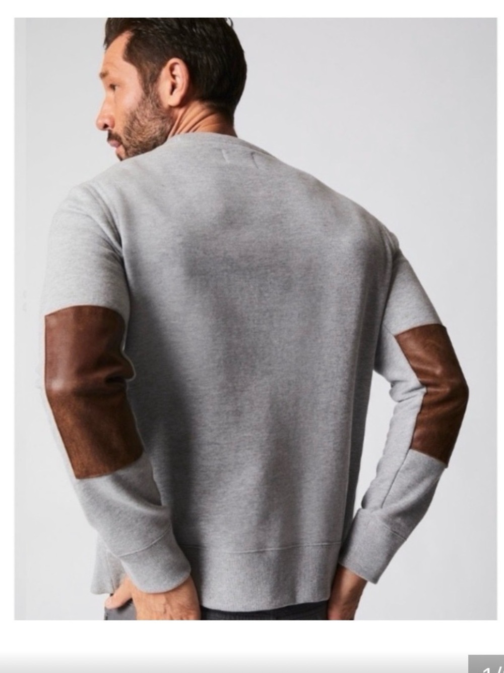 Billy Reid Men's Grey Crewneck Sweater with Leather Elbow Patches